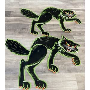 2 Vtg 70s Halloween Beistle Jointed Scary Black Cat Die Cut Decor Green Outline